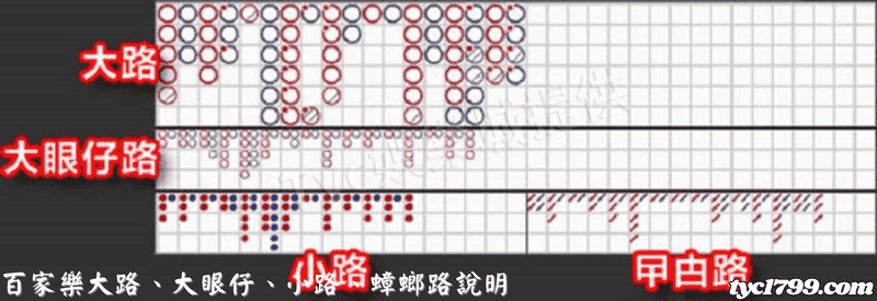百家樂大路、大眼仔、小路、蟑螂路說明
